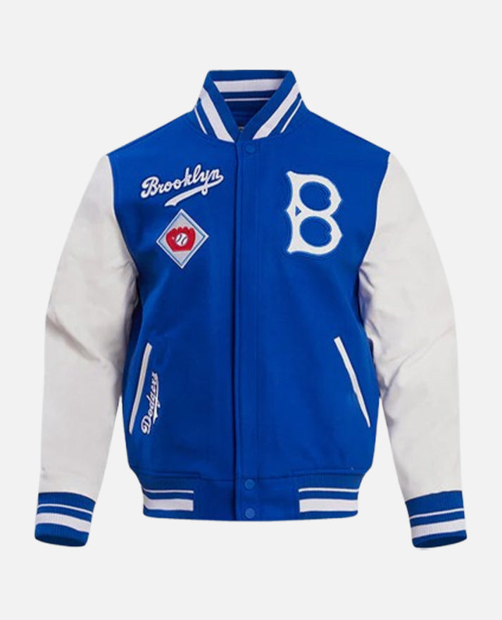 Blue and white leather varsity jacket 