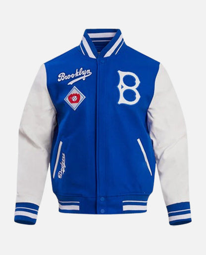 Blue and white leather varsity jacket 