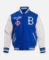 Blue and white leather varsity jacket 