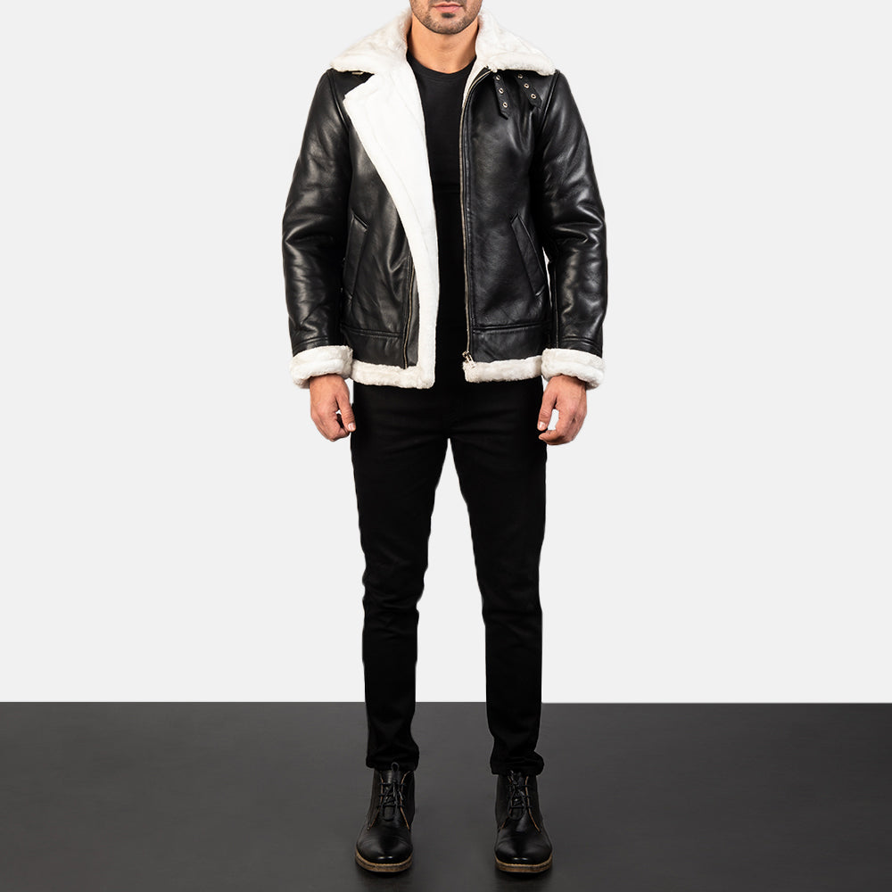 Black &amp; White Leather bomber Jacket