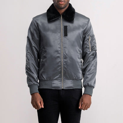 Grey Leather Bomber Jacket