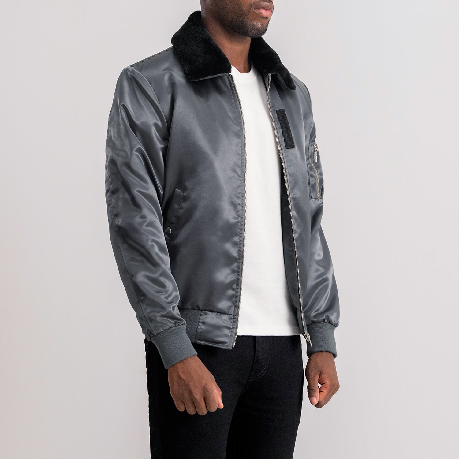 Grey Leather Bomber Jacket