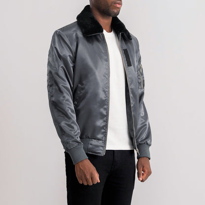 Grey Leather Bomber Jacket