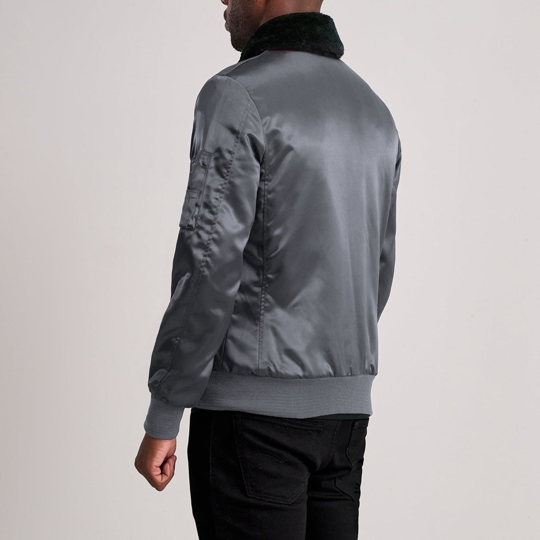 Grey Leather Bomber Jacket