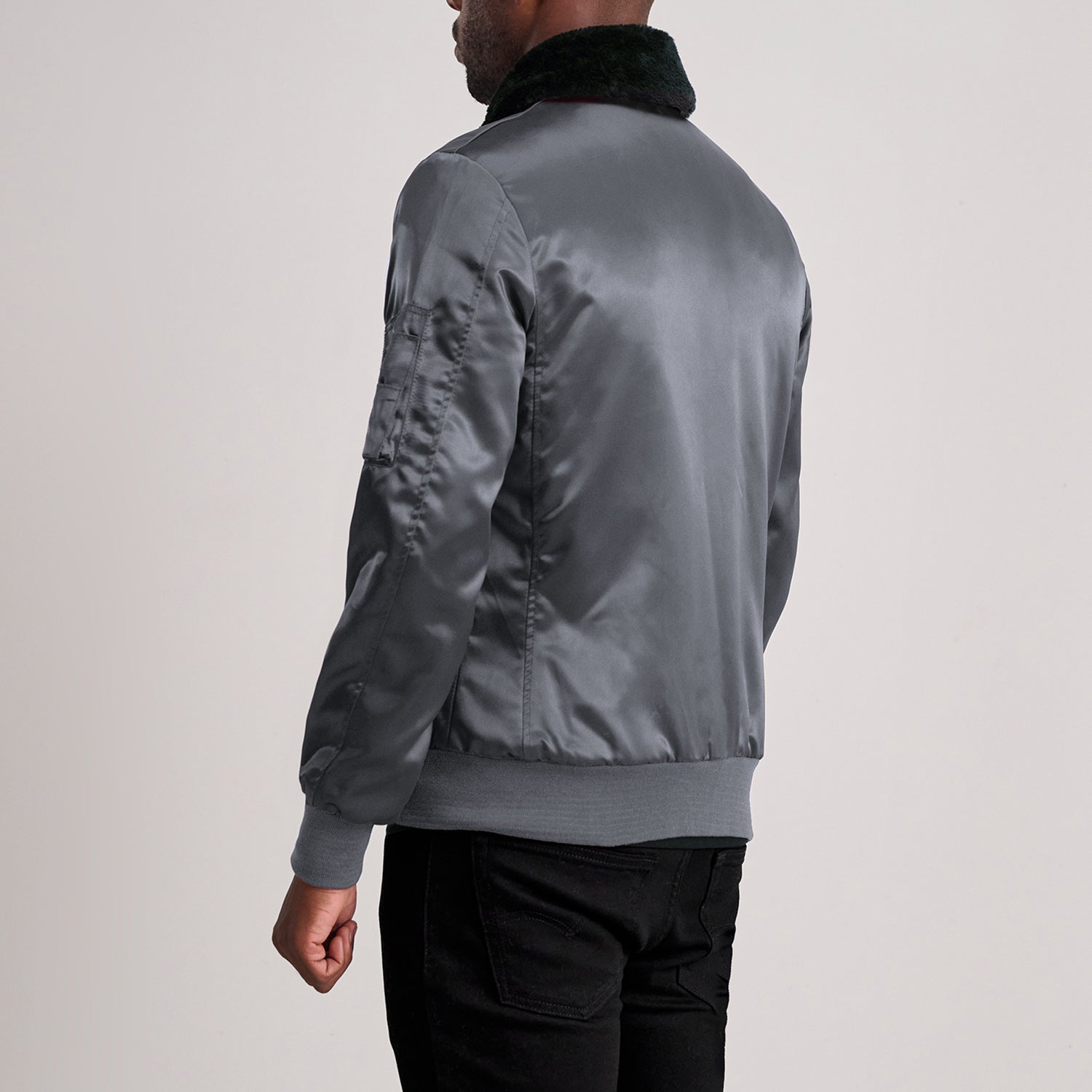 Grey Leather Bomber Jacket