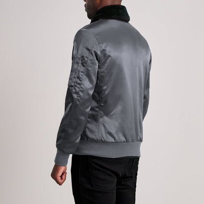 Grey Leather Bomber Jacket