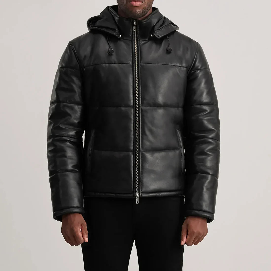 Men’s Black Leather Puffer Jacket with Removable Hood