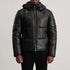 Men’s Black Leather Puffer Jacket with Removable Hood