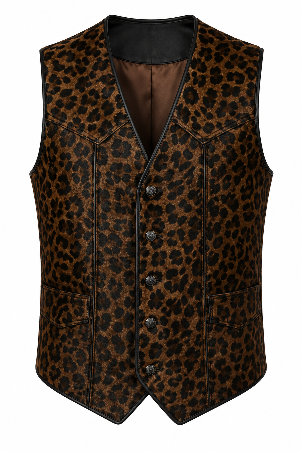 Men’s calf hair leather vest in leopard print