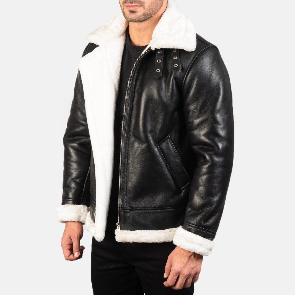 Black &amp; White Leather bomber Jacket