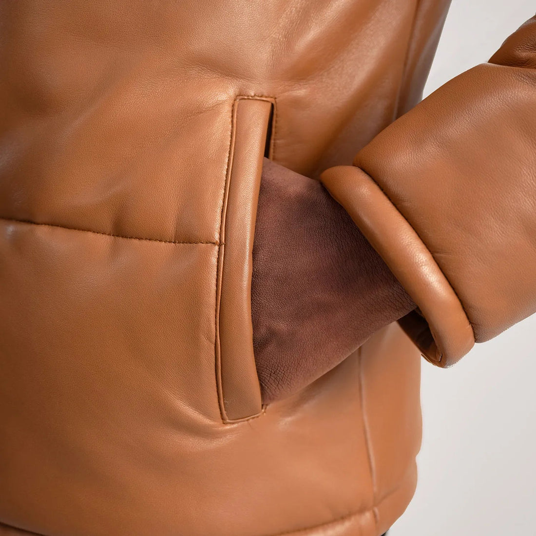 Tan Leather Puffer Jacket with Removable Hood