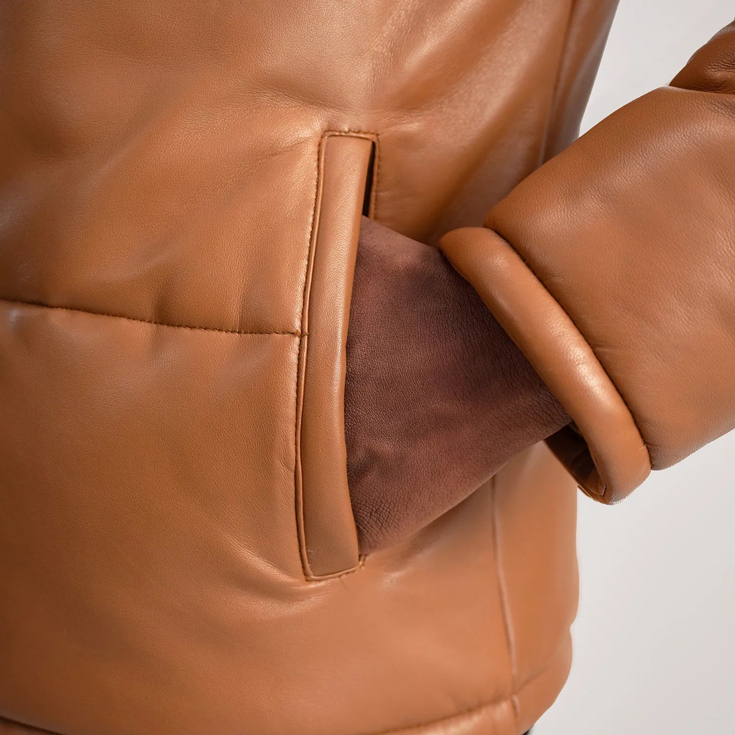 Tan Leather Puffer Jacket with Removable Hood