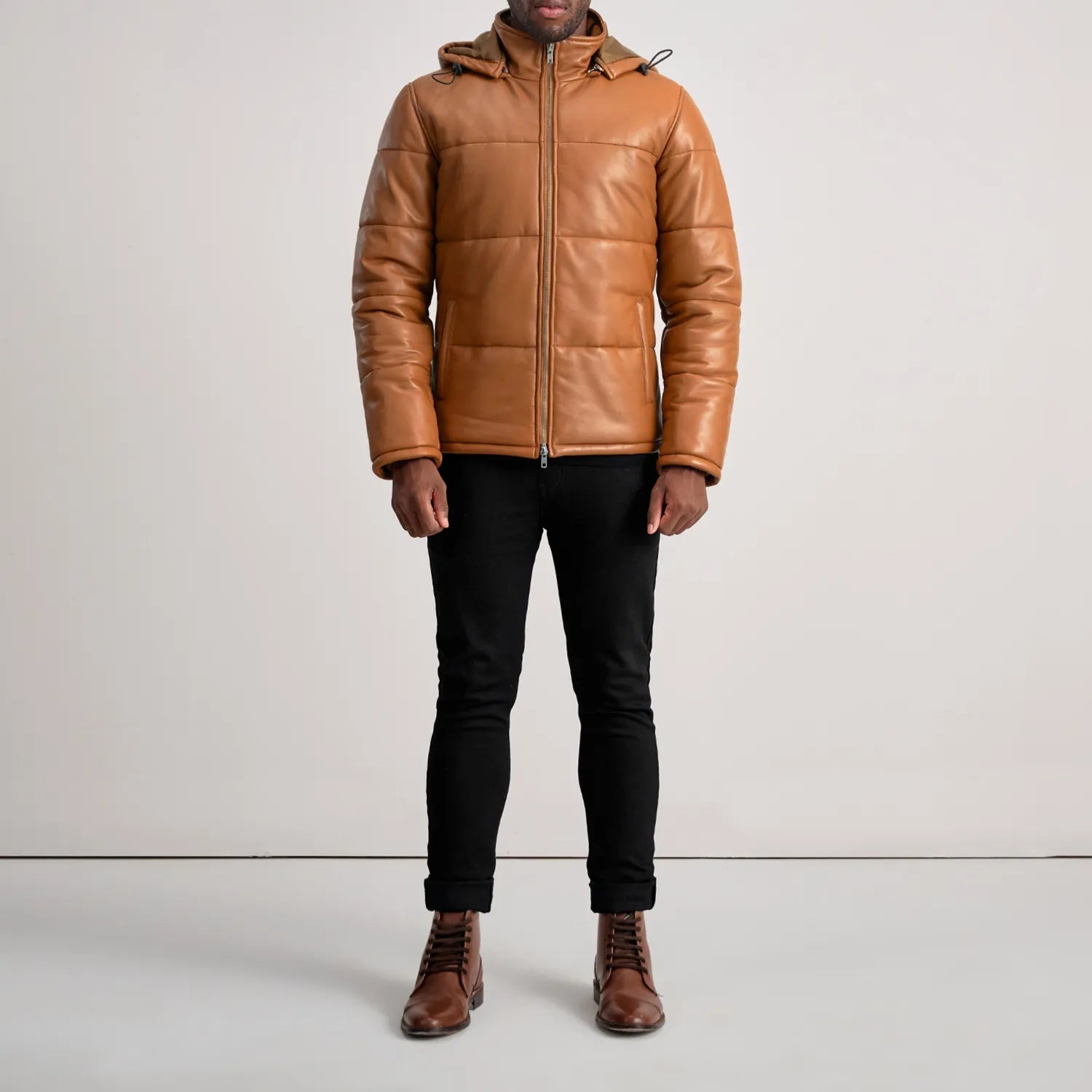 Tan Leather Puffer Jacket with Removable Hood