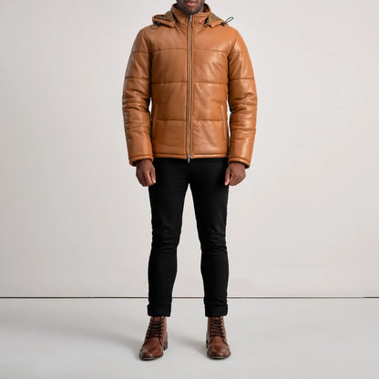 Tan Leather Puffer Jacket with Removable Hood