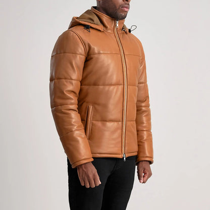Tan Leather Puffer Jacket with Removable Hood