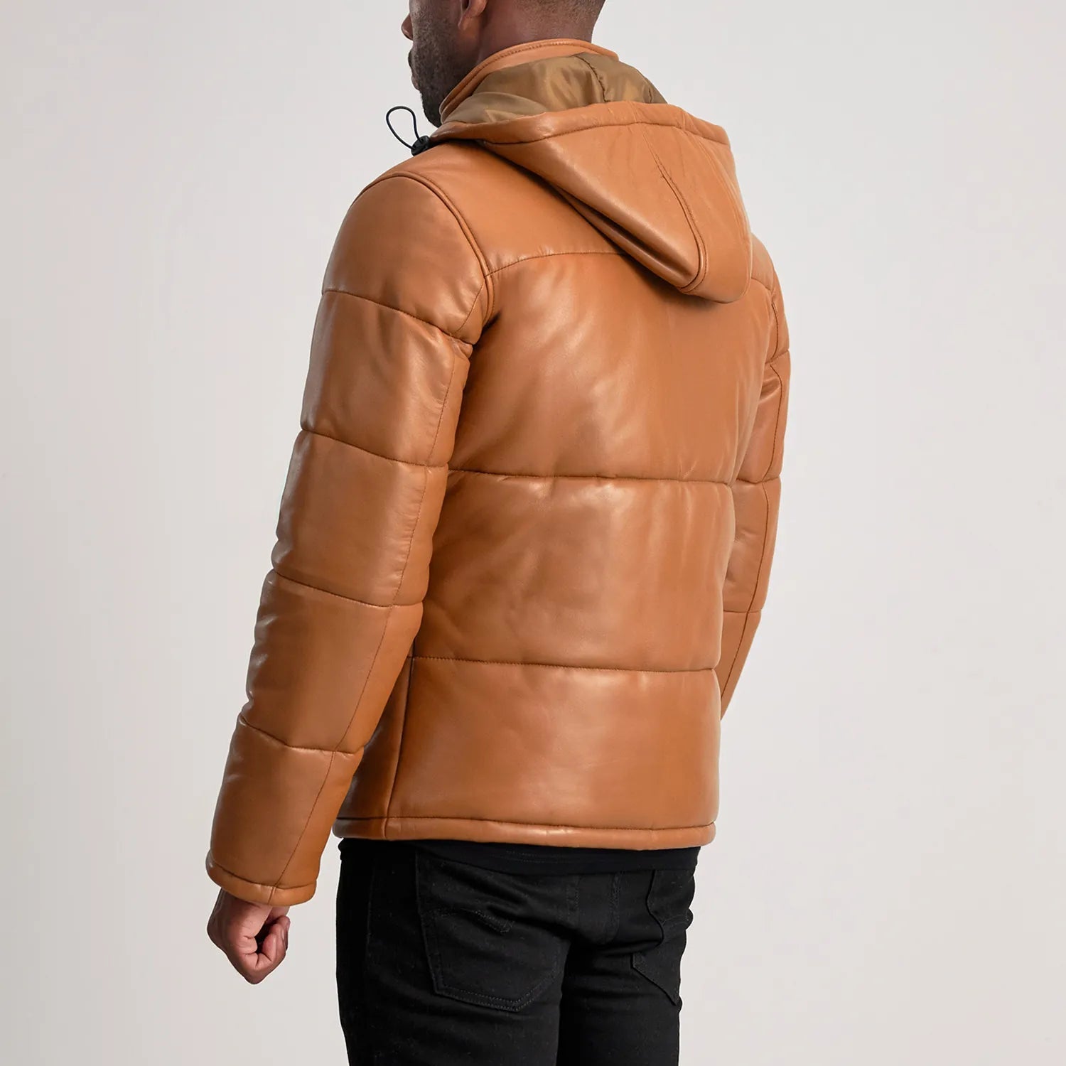 Tan Leather Puffer Jacket with Removable Hood