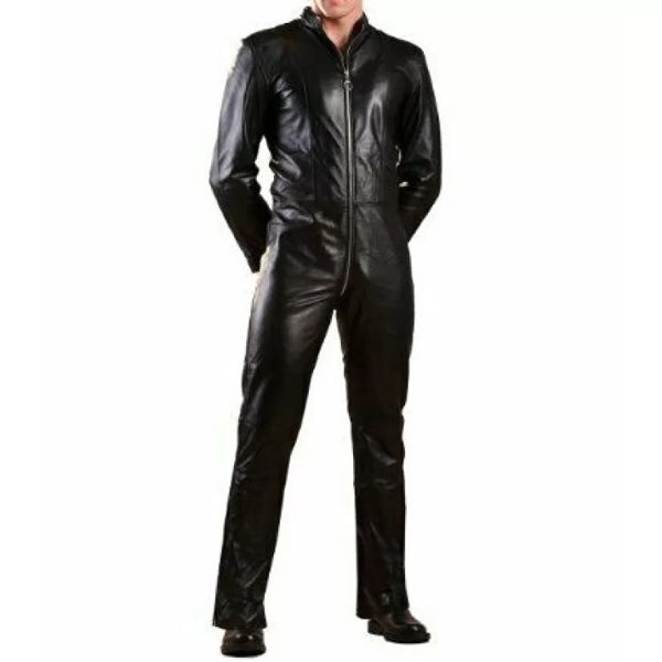 Mens Genuine Black Leather Jumpsuit Bodysuit – Slim Fit Full Body Catsuit with Front Zipper