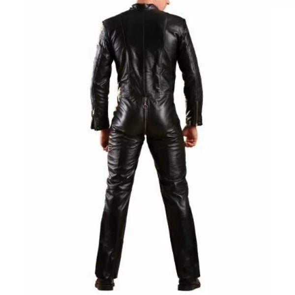 Mens Genuine Black Leather Jumpsuit Bodysuit – Slim Fit Full Body Catsuit with Front Zipper