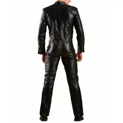Mens Genuine Black Leather Jumpsuit Bodysuit – Slim Fit Full Body Catsuit with Front Zipper