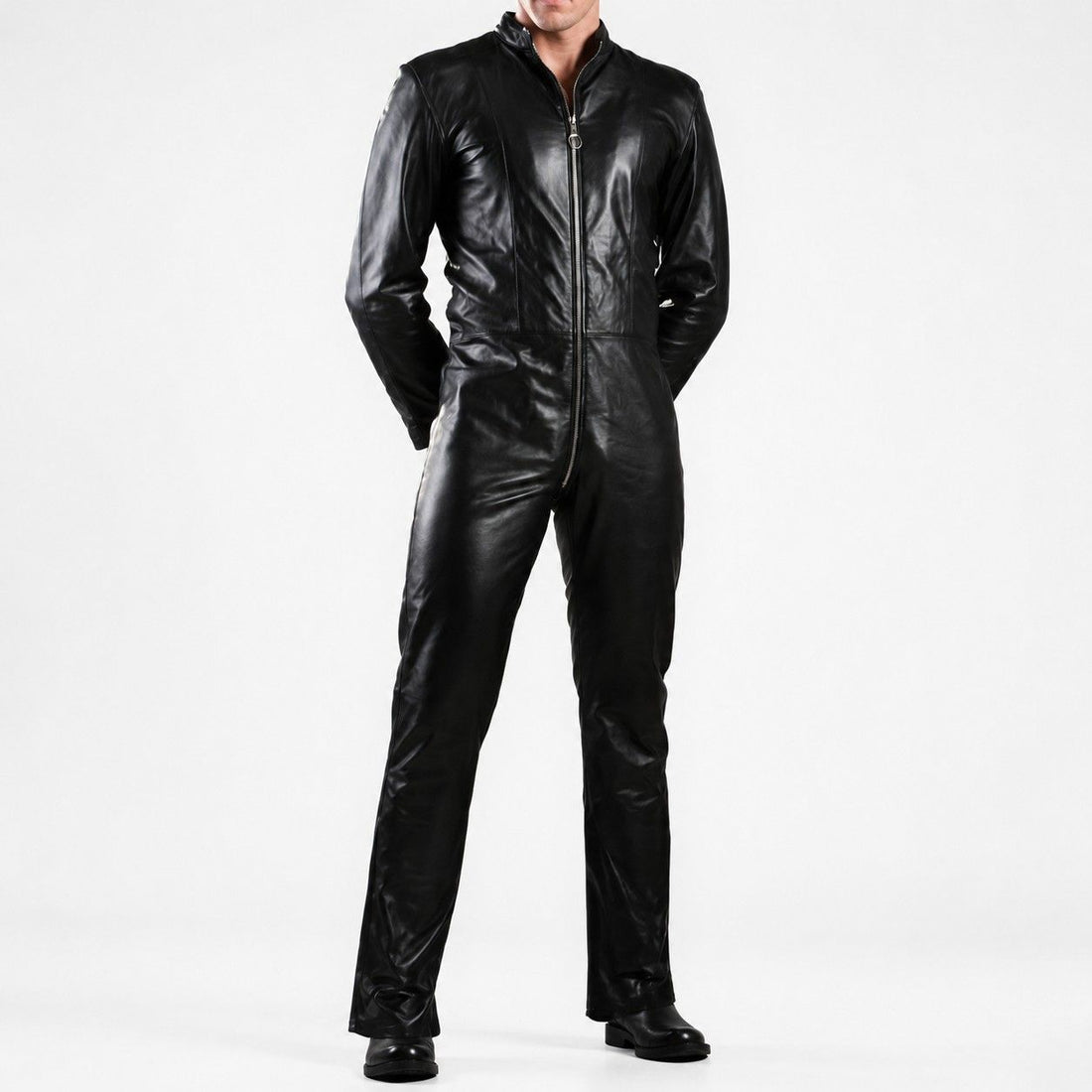 Mens Genuine Black Leather Jumpsuit Bodysuit – Slim Fit Full Body Catsuit with Front Zipper