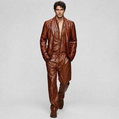 Mens Glamorous Real Sheepskin Brown Leather Jumpsuit With Blazer
