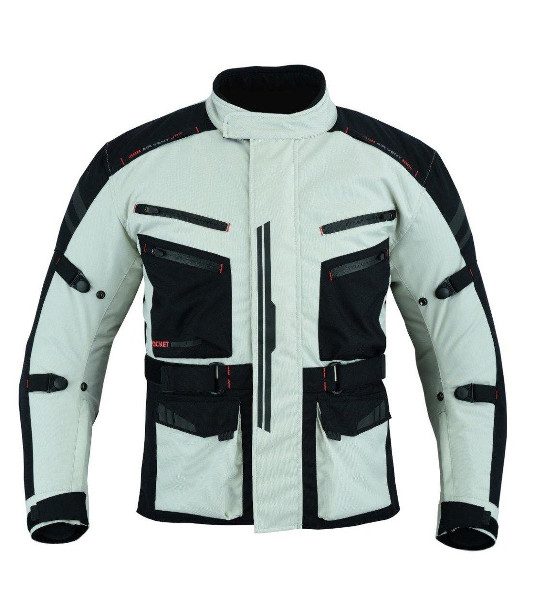 White and black motorcycle jacket with multiple pockets
