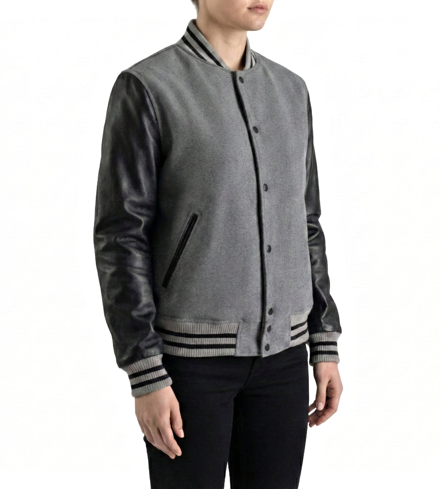 Grey Combo Varsity Leather Sleeves Jacket