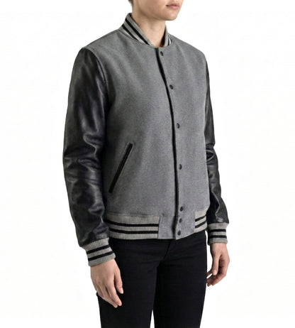 Grey Combo Varsity Leather Sleeves Jacket