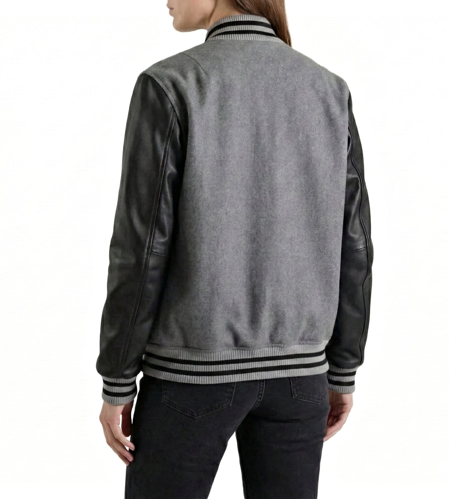 Grey Combo Varsity Leather Sleeves Jacket