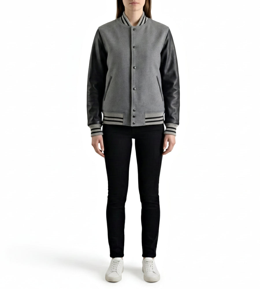 grey leather women varsity jackets