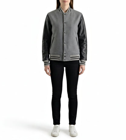 grey leather women varsity jackets