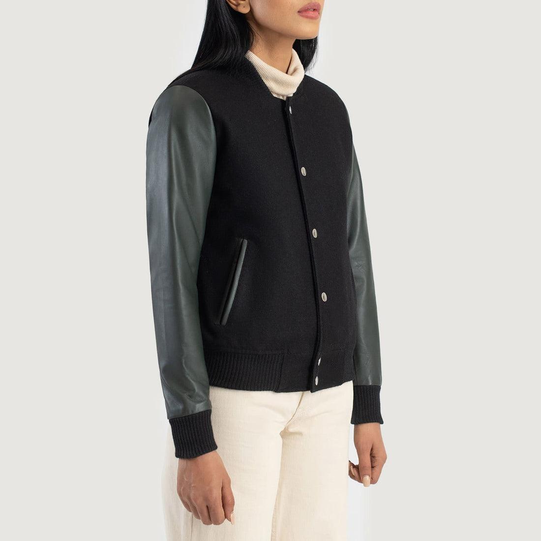 Women’s Green &amp; Black Hybrid Leather Varsity Jacket