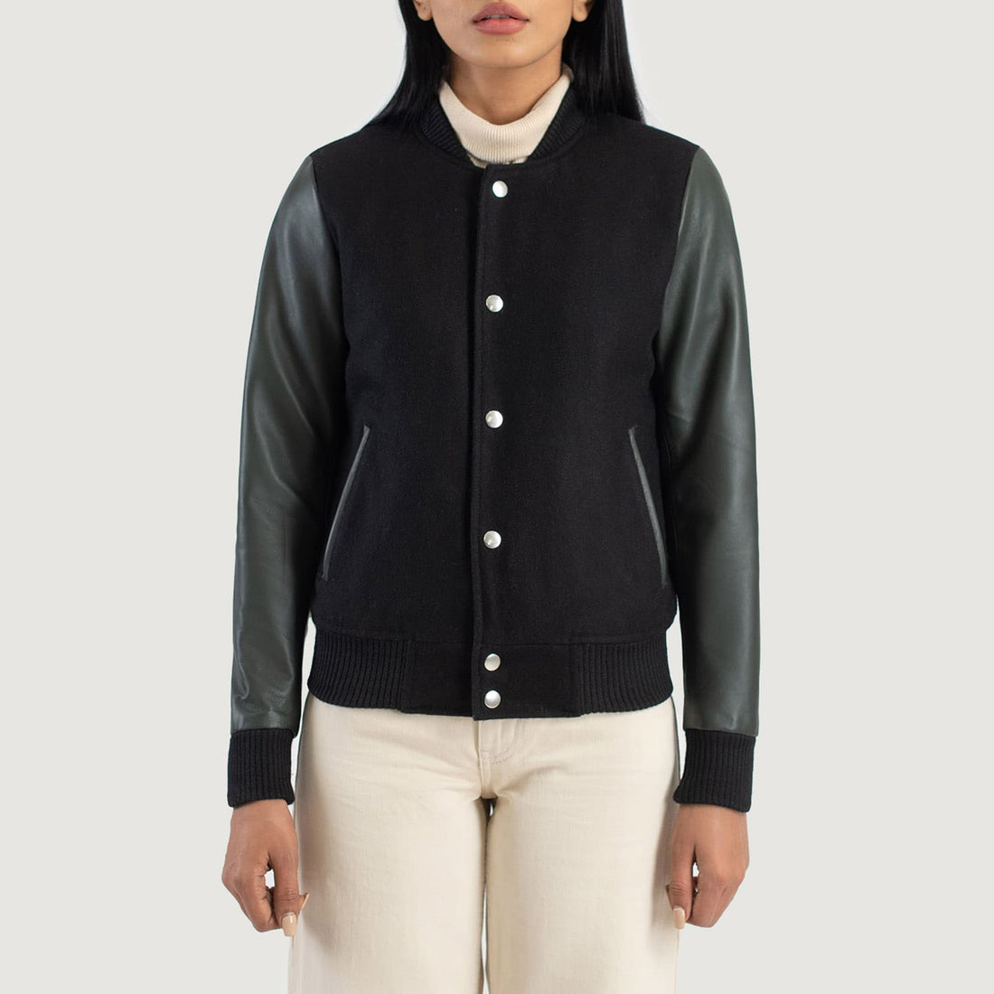 black leather varsity jacket for women
