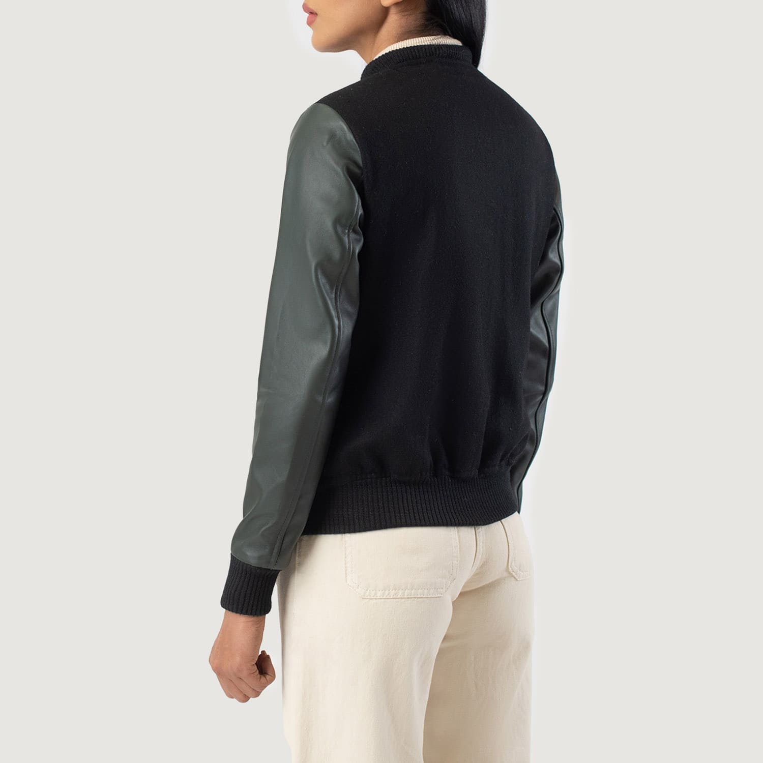 Women’s Green &amp; Black Hybrid Leather Varsity Jacket