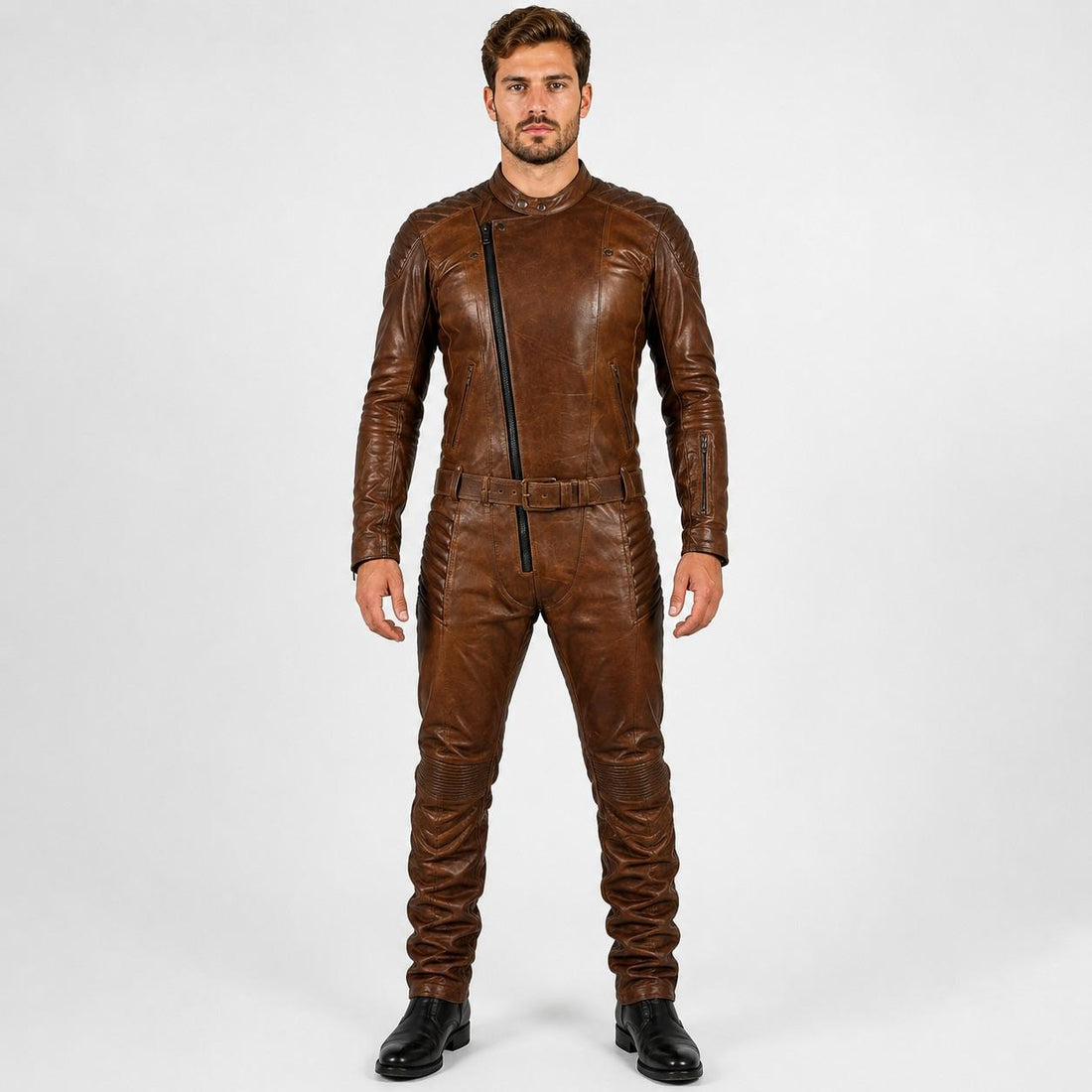 Mens Elegant Style Real Sheepskin Vintage Brown Leather Jumpsuit
