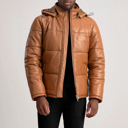 Tan Leather Puffer Jacket with Removable Hood