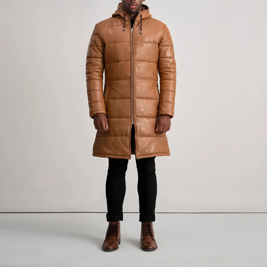 Tan Leather Puffer Coat with Hood | Genuine Leather