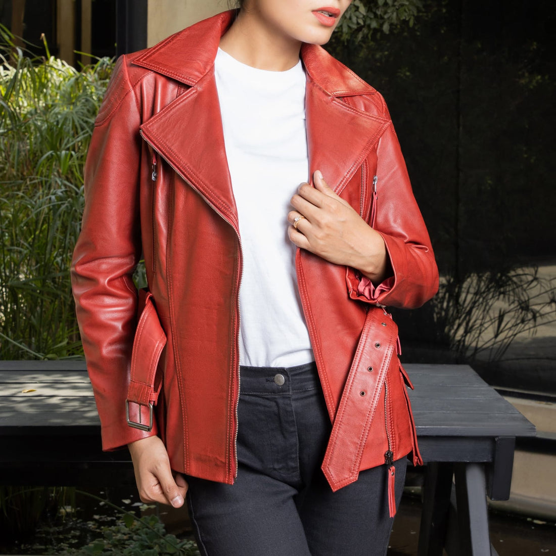 Women Red Belted Biker Leather Jacket – Stylish Moto Design