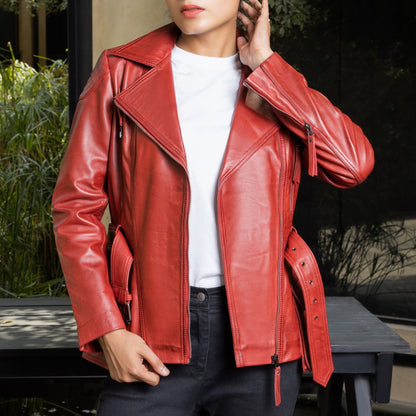 Women Red Belted Biker Leather Jacket – Stylish Moto Design