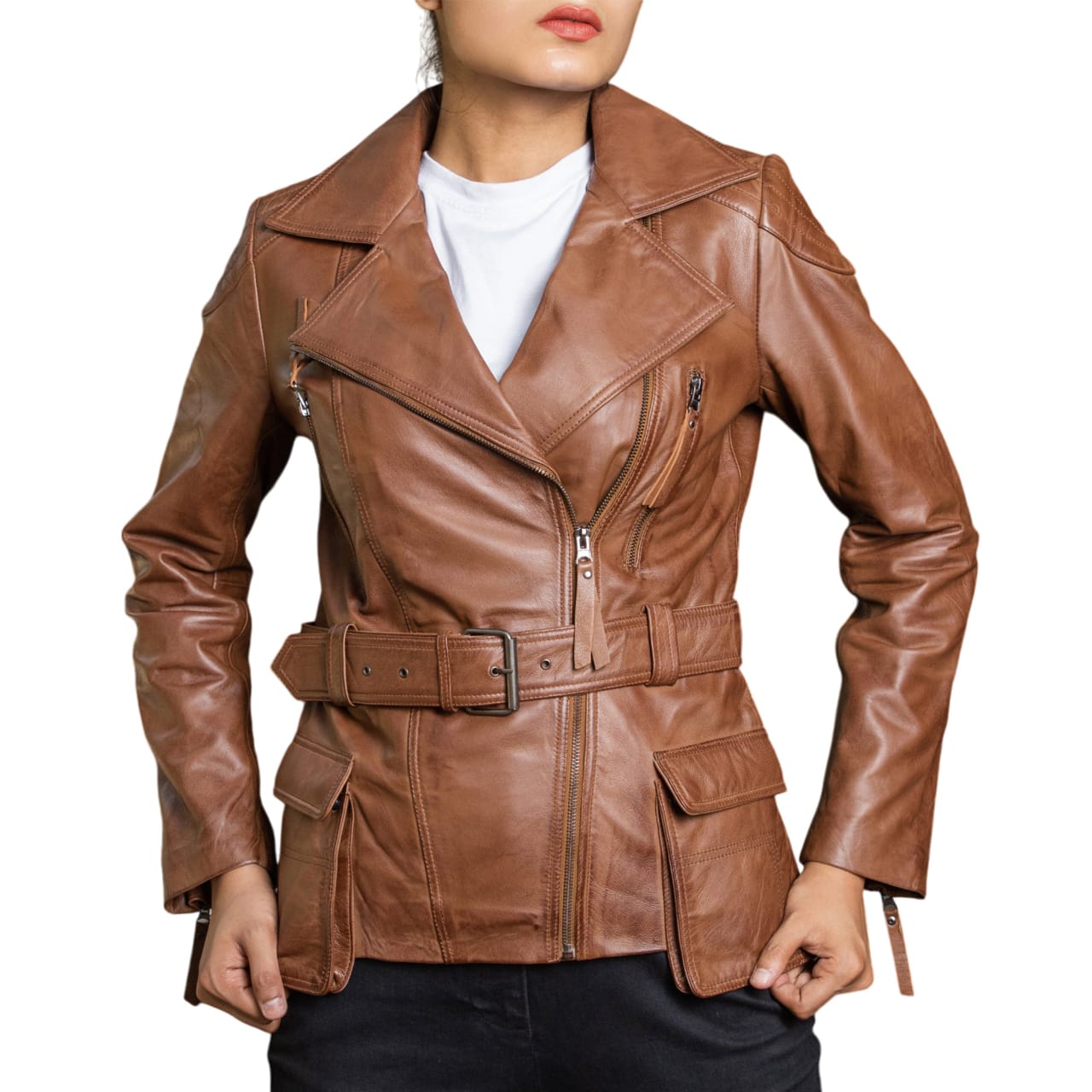Women Tan Belted Moto Leather Jacket – Modern Biker Style