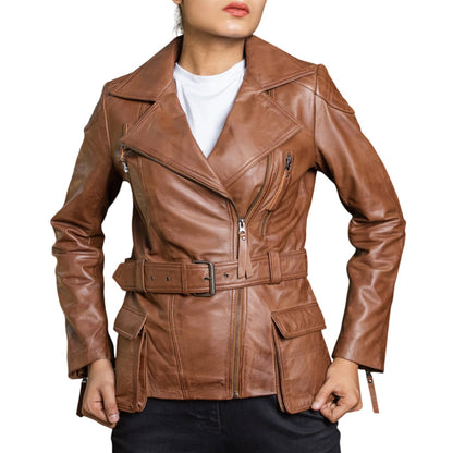 Women Tan Belted Moto Leather Jacket – Modern Biker Style