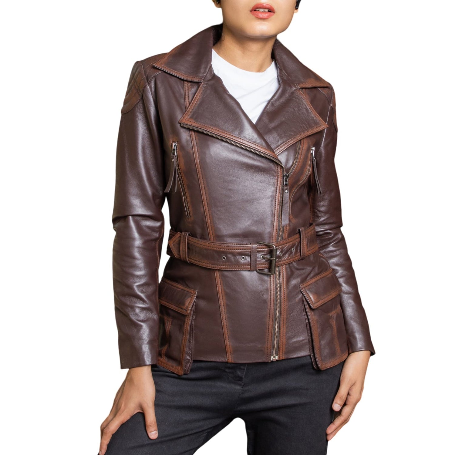 Women Dark Brown Belted Leather Biker Jacket – Vintage Style