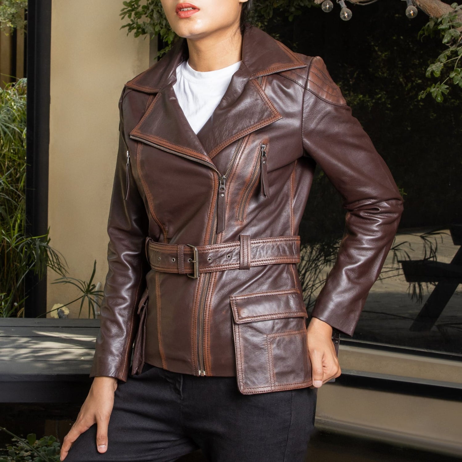 Women Dark Brown Belted Leather Biker Jacket – Vintage Style