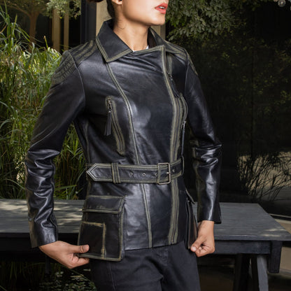 Women Black Belted Moto Leather Jacket – Premium Biker Style