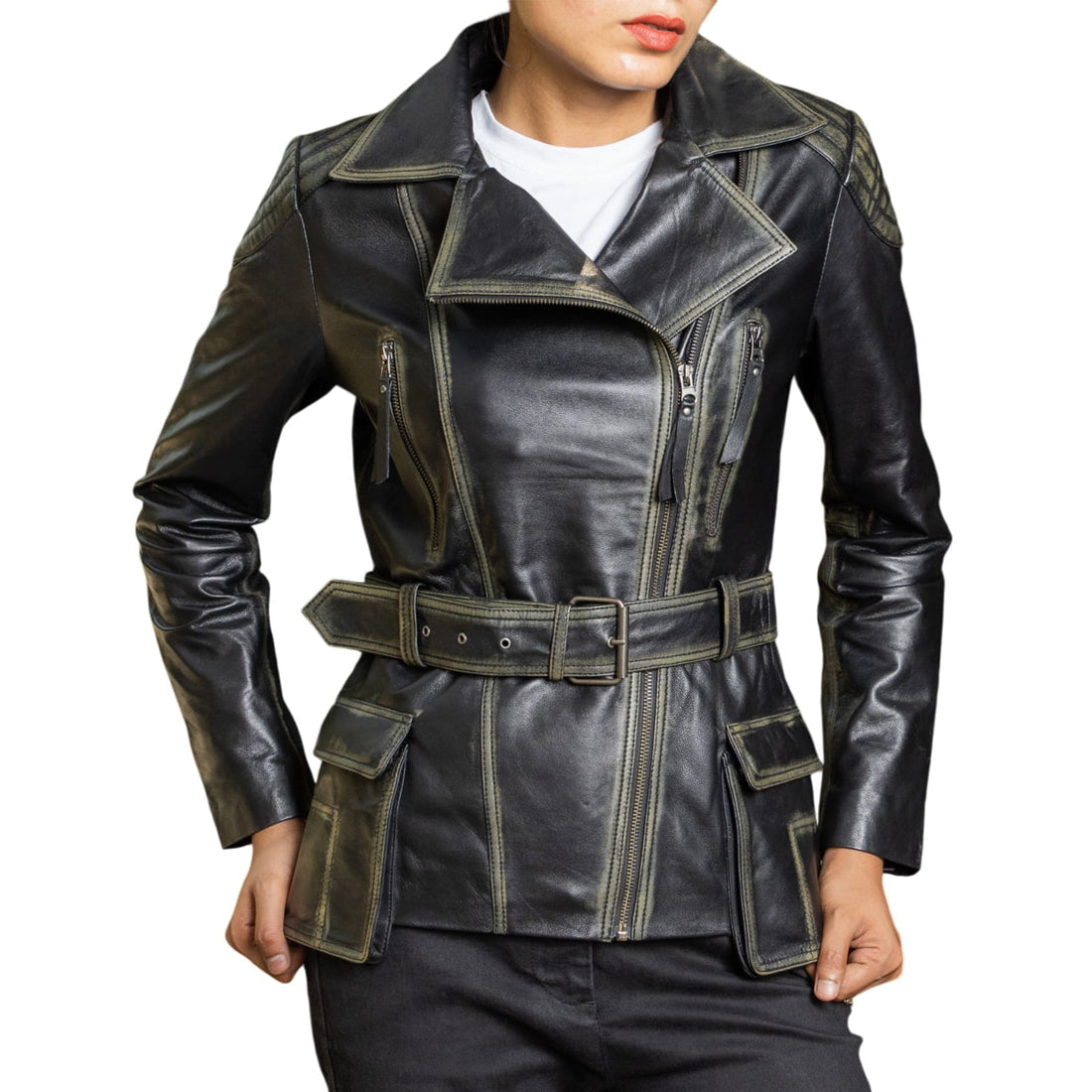 Women Black Belted Moto Leather Jacket – Premium Biker Style