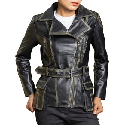 Women Black Belted Moto Leather Jacket – Premium Biker Style