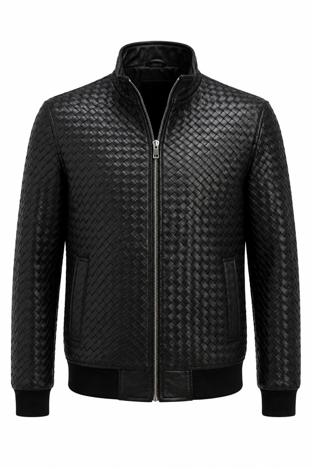 Woven Leather Bomber Jacket - Black Lambskin