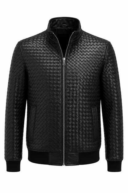 Woven Leather Bomber Jacket - Black Lambskin