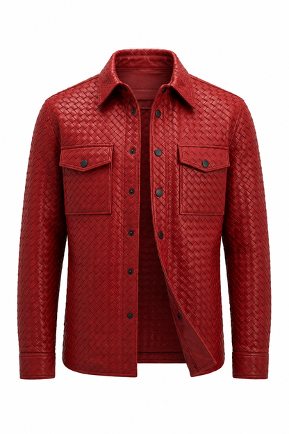 Woven Leather Shirt Jacket - Red Lambskin