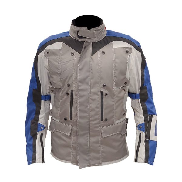 Motorcycle jacket with gray, blue, and black color 